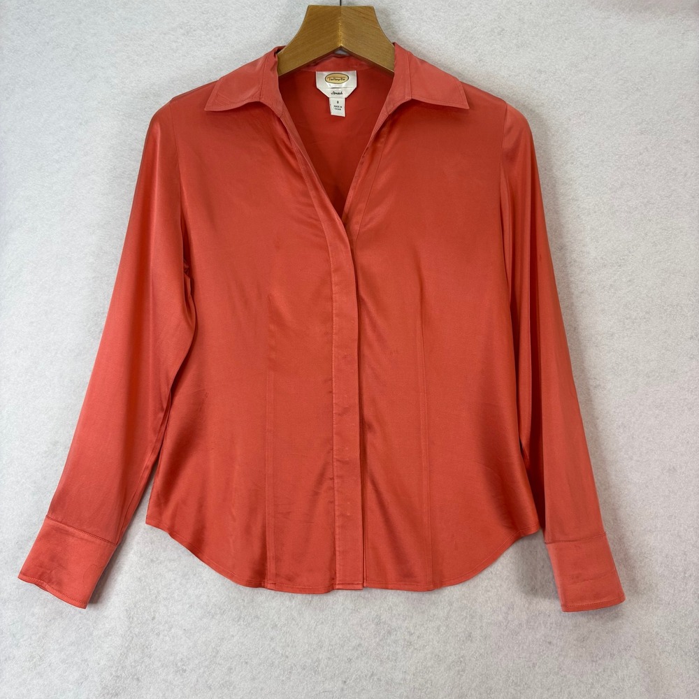 Talbots Stretch Silk Satin Coral Hidden Button Blouse Women 8 Professional Chic*